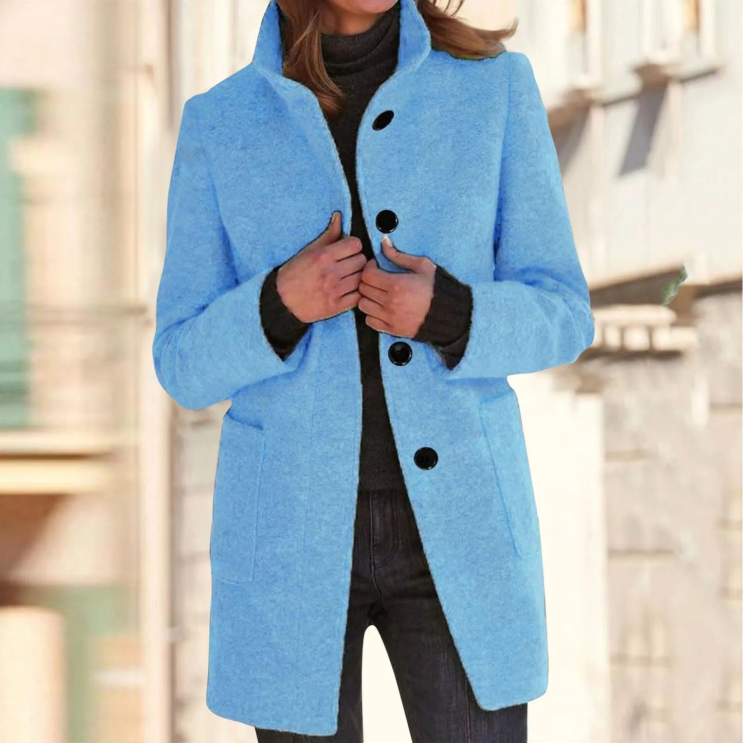 Women’s Elegant Wool Blend Winter Jacket  Warm Long Lapel Coat with Pockets