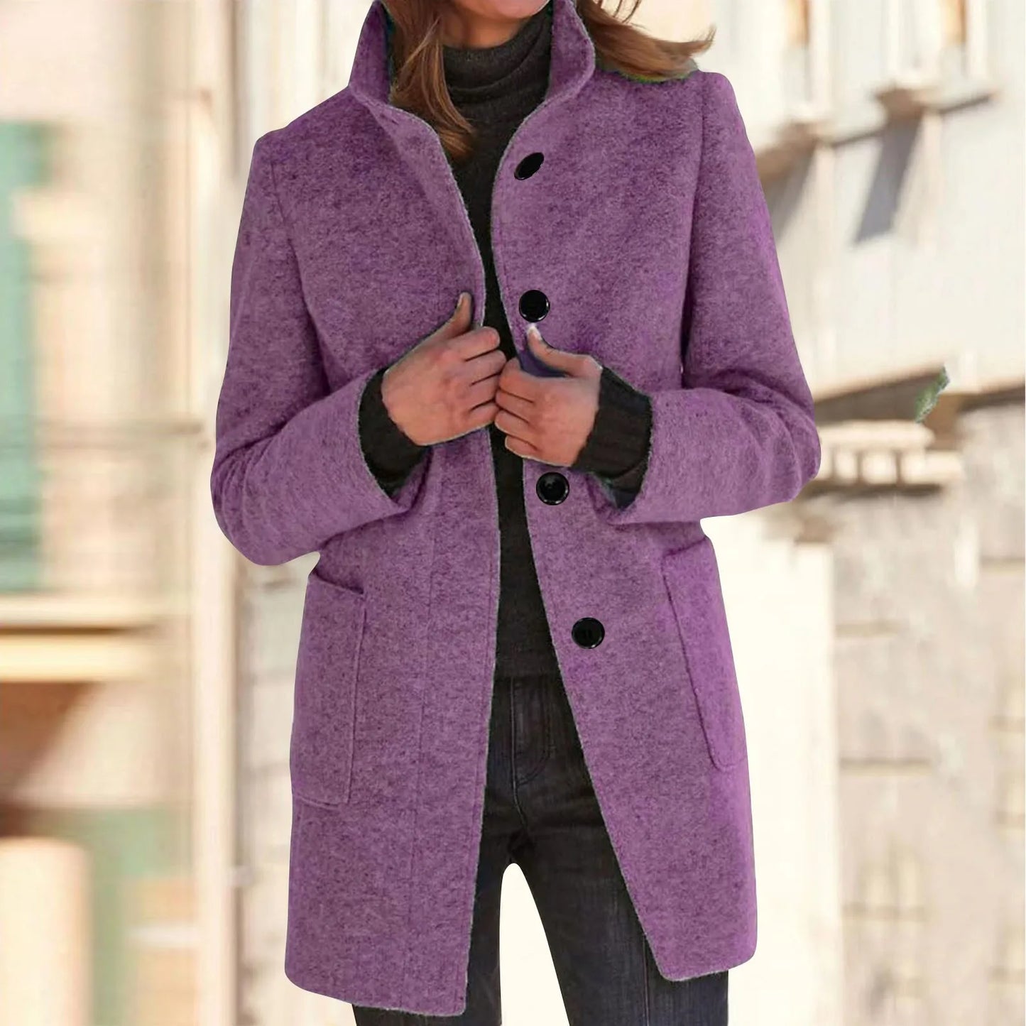 Women’s Elegant Wool Blend Winter Jacket  Warm Long Lapel Coat with Pockets