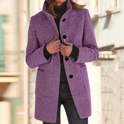 Women’s Elegant Wool Blend Winter Jacket  Warm Long Lapel Coat with Pockets