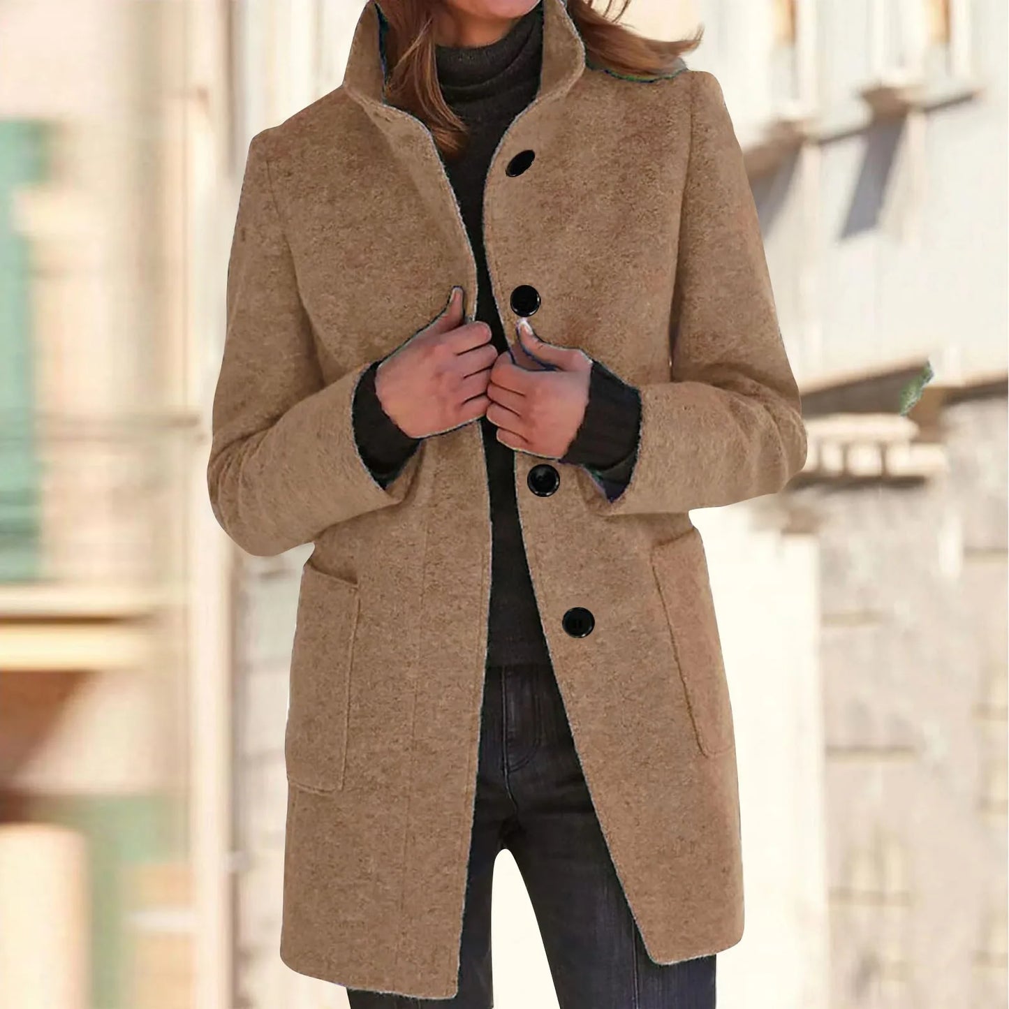 Women’s Elegant Wool Blend Winter Jacket  Warm Long Lapel Coat with Pockets
