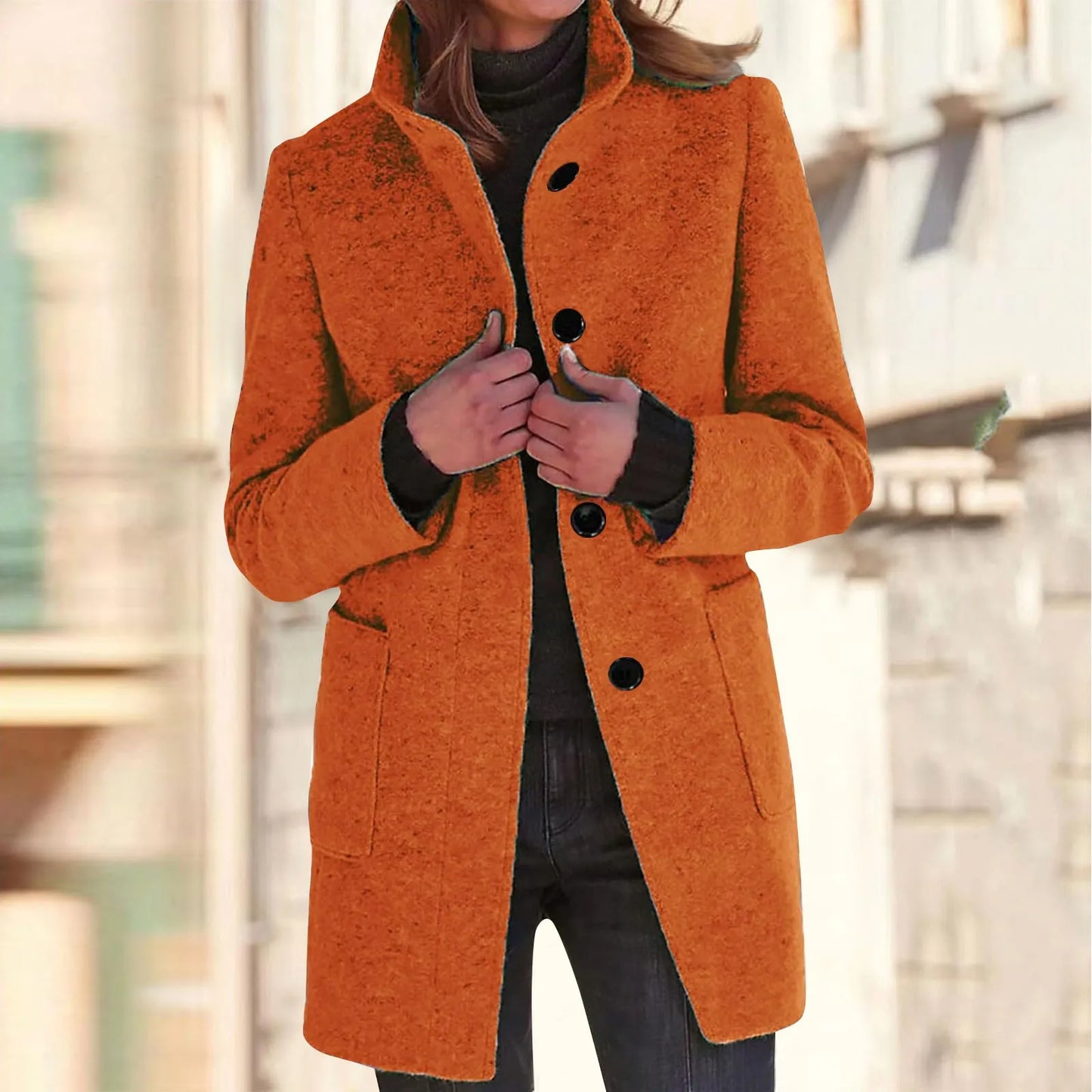 Women’s Elegant Wool Blend Winter Jacket  Warm Long Lapel Coat with Pockets