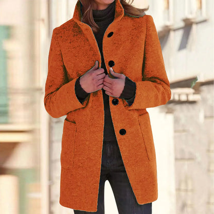 Women’s Elegant Wool Blend Winter Jacket  Warm Long Lapel Coat with Pockets