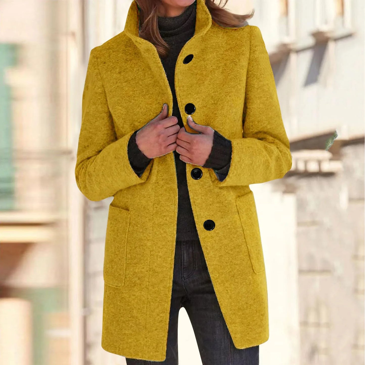 Women’s Elegant Wool Blend Winter Jacket  Warm Long Lapel Coat with Pockets