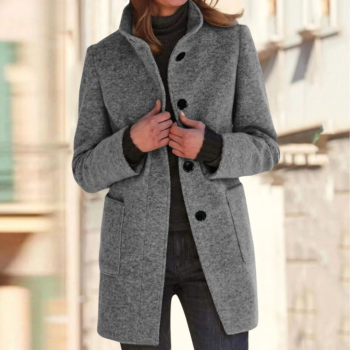 Women’s Elegant Wool Blend Winter Jacket  Warm Long Lapel Coat with Pockets