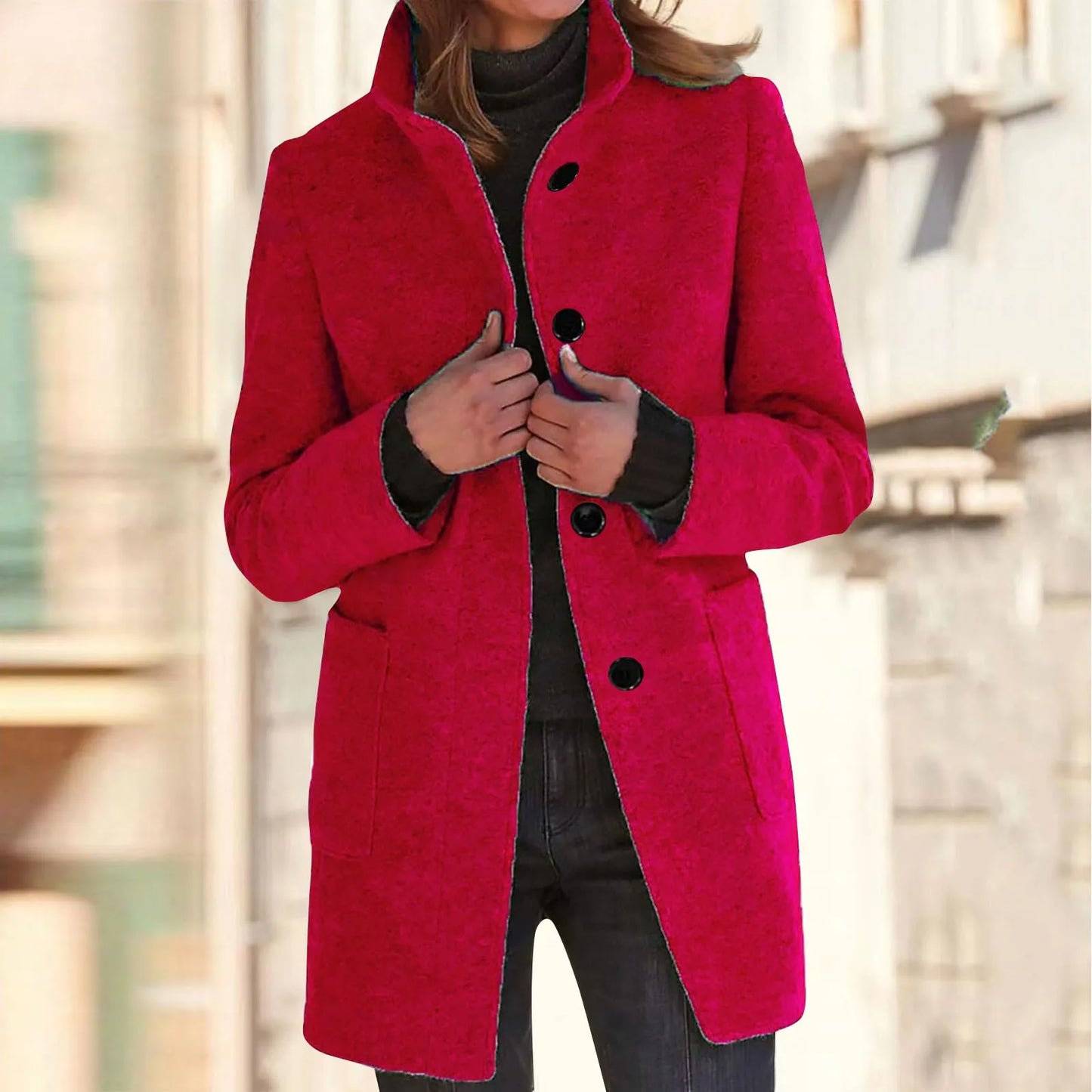 Women’s Elegant Wool Blend Winter Jacket  Warm Long Lapel Coat with Pockets