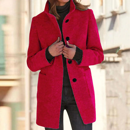 Women’s Elegant Wool Blend Winter Jacket  Warm Long Lapel Coat with Pockets