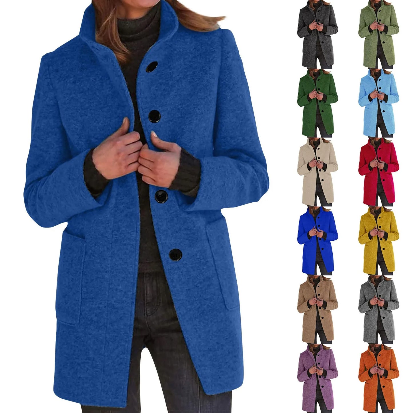 Women’s Elegant Wool Blend Winter Jacket  Warm Long Lapel Coat with Pockets
