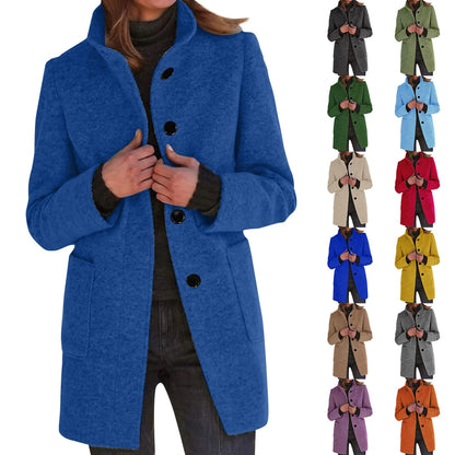 Women’s Elegant Wool Blend Winter Jacket  Warm Long Lapel Coat with Pockets