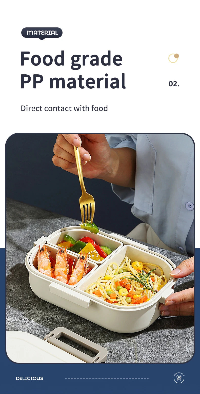 WORTHBUY Removable 3-Compartment Lunch Box 800ml Portable Plastic Bento Box Microwave School Student Kid Sealed Food Container