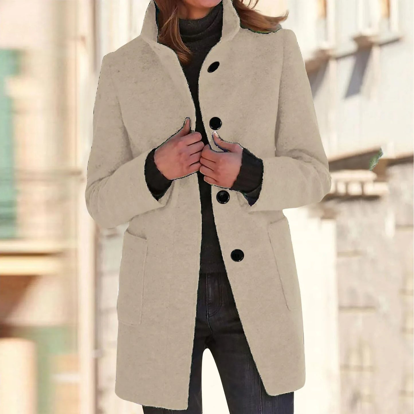 Women’s Elegant Wool Blend Winter Jacket  Warm Long Lapel Coat with Pockets