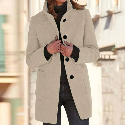 Women’s Elegant Wool Blend Winter Jacket  Warm Long Lapel Coat with Pockets