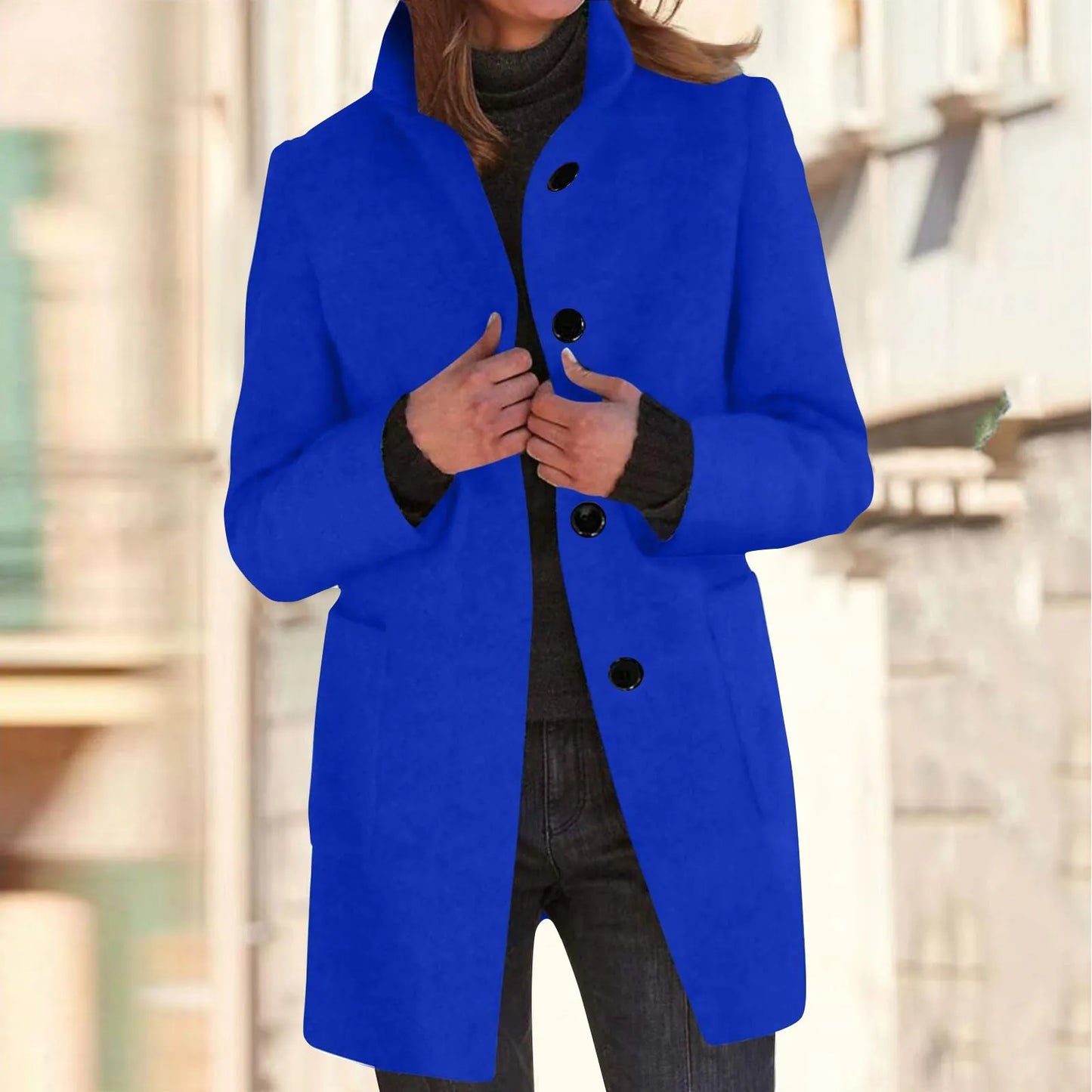 Women’s Elegant Wool Blend Winter Jacket  Warm Long Lapel Coat with Pockets