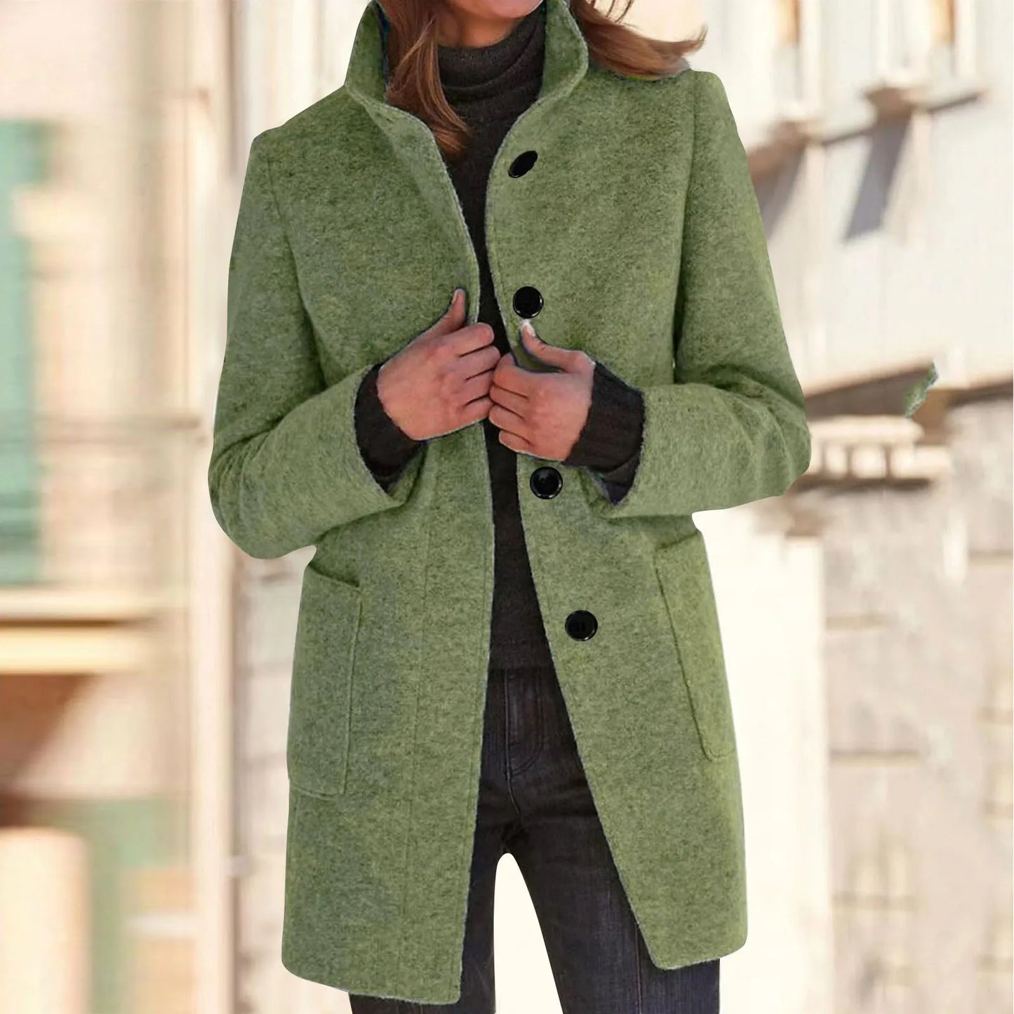 Women’s Elegant Wool Blend Winter Jacket  Warm Long Lapel Coat with Pockets