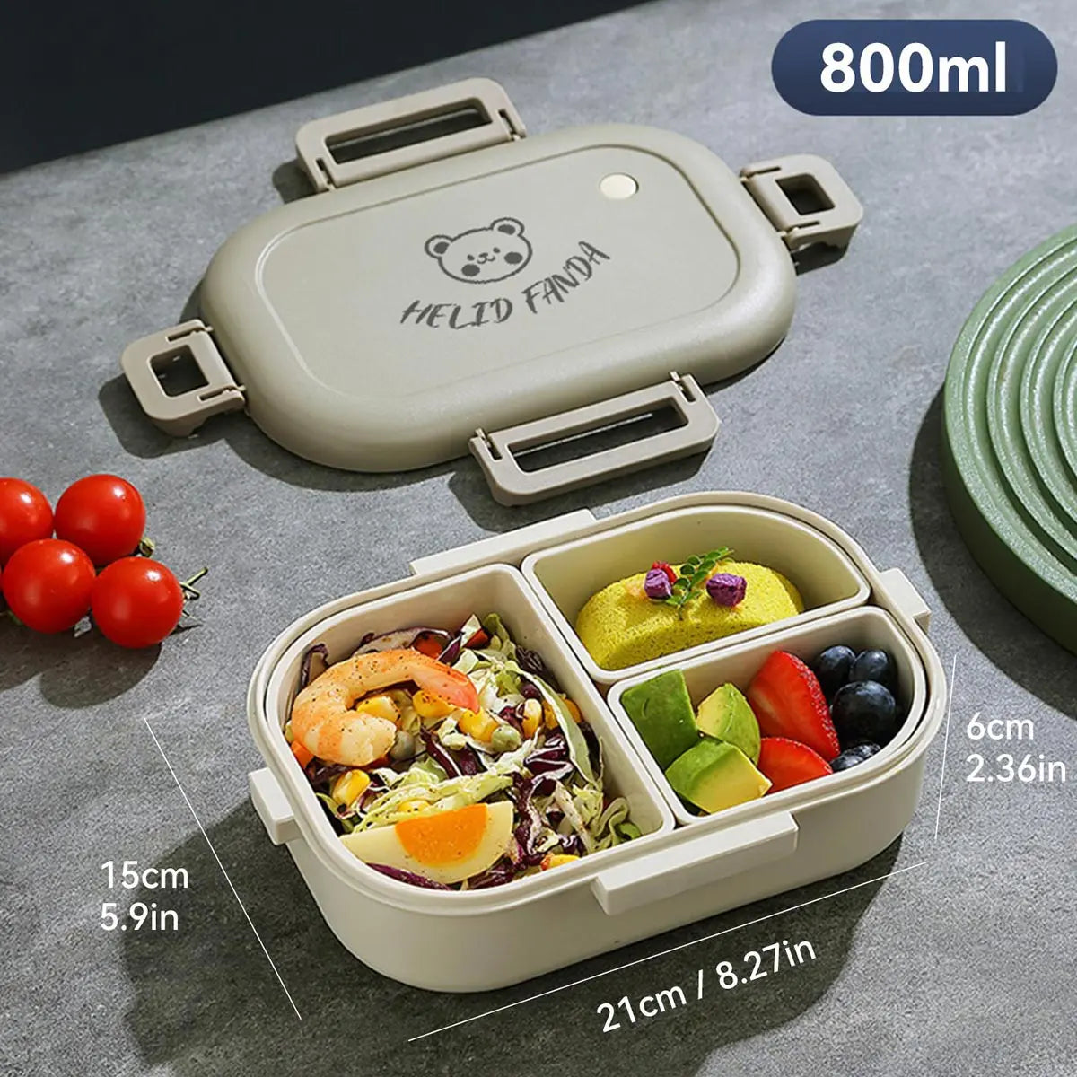 WORTHBUY Removable 3-Compartment Lunch Box 800ml Portable Plastic Bento Box Microwave School Student Kid Sealed Food Container