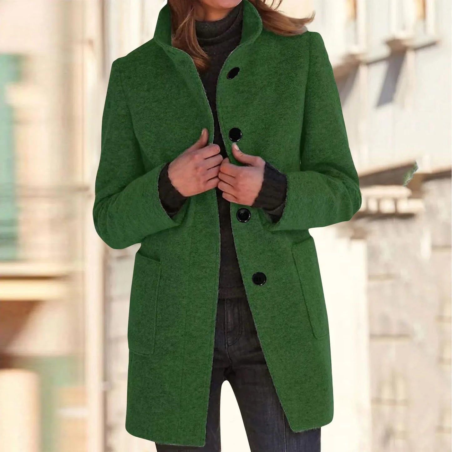 Women’s Elegant Wool Blend Winter Jacket  Warm Long Lapel Coat with Pockets