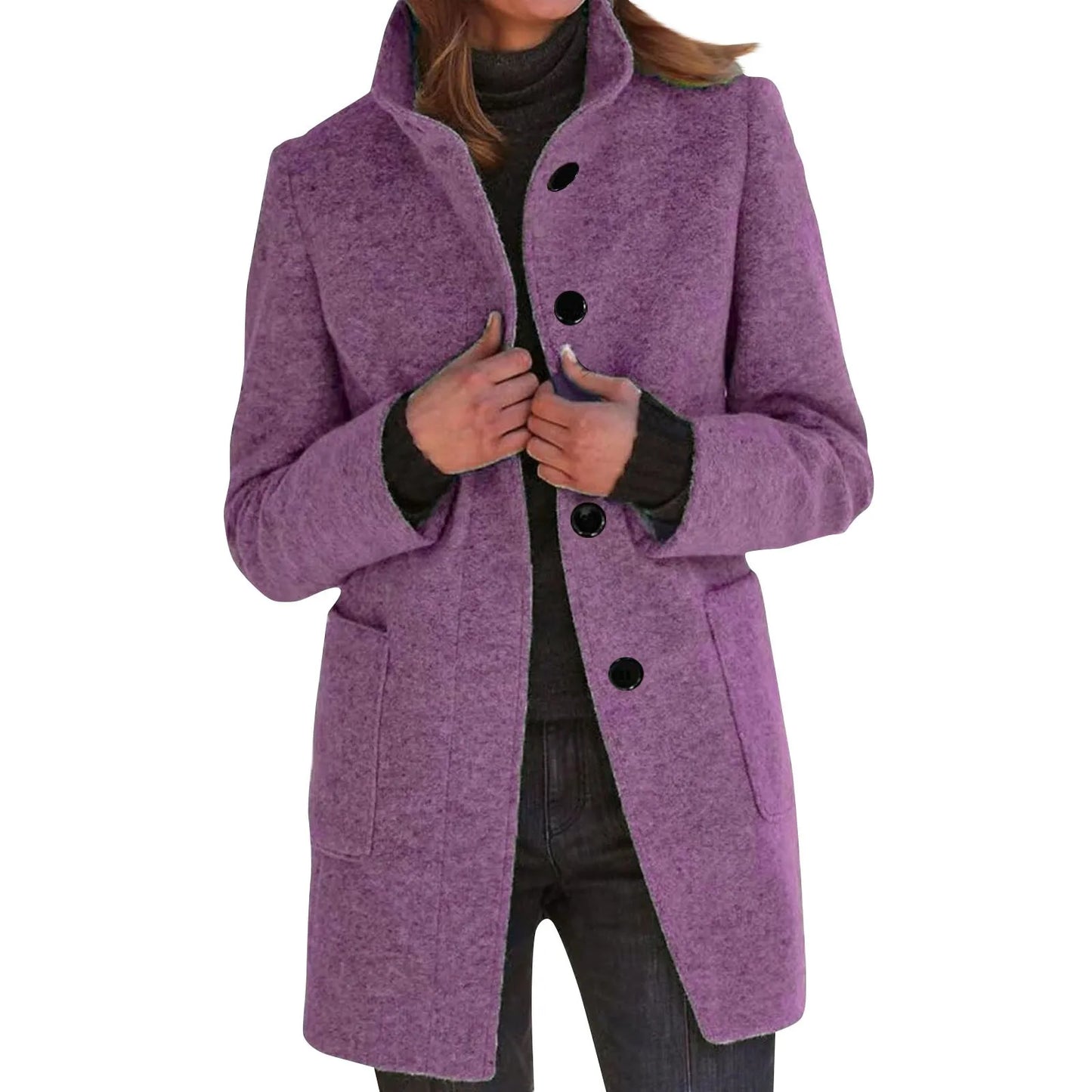 Women’s Elegant Wool Blend Winter Jacket  Warm Long Lapel Coat with Pockets