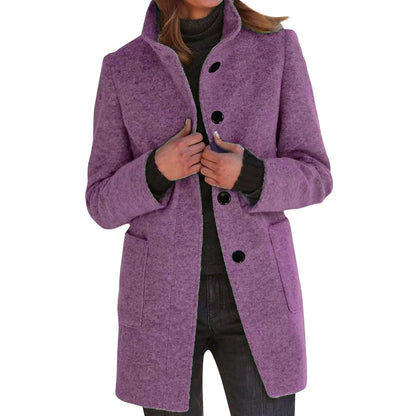 Women’s Elegant Wool Blend Winter Jacket  Warm Long Lapel Coat with Pockets