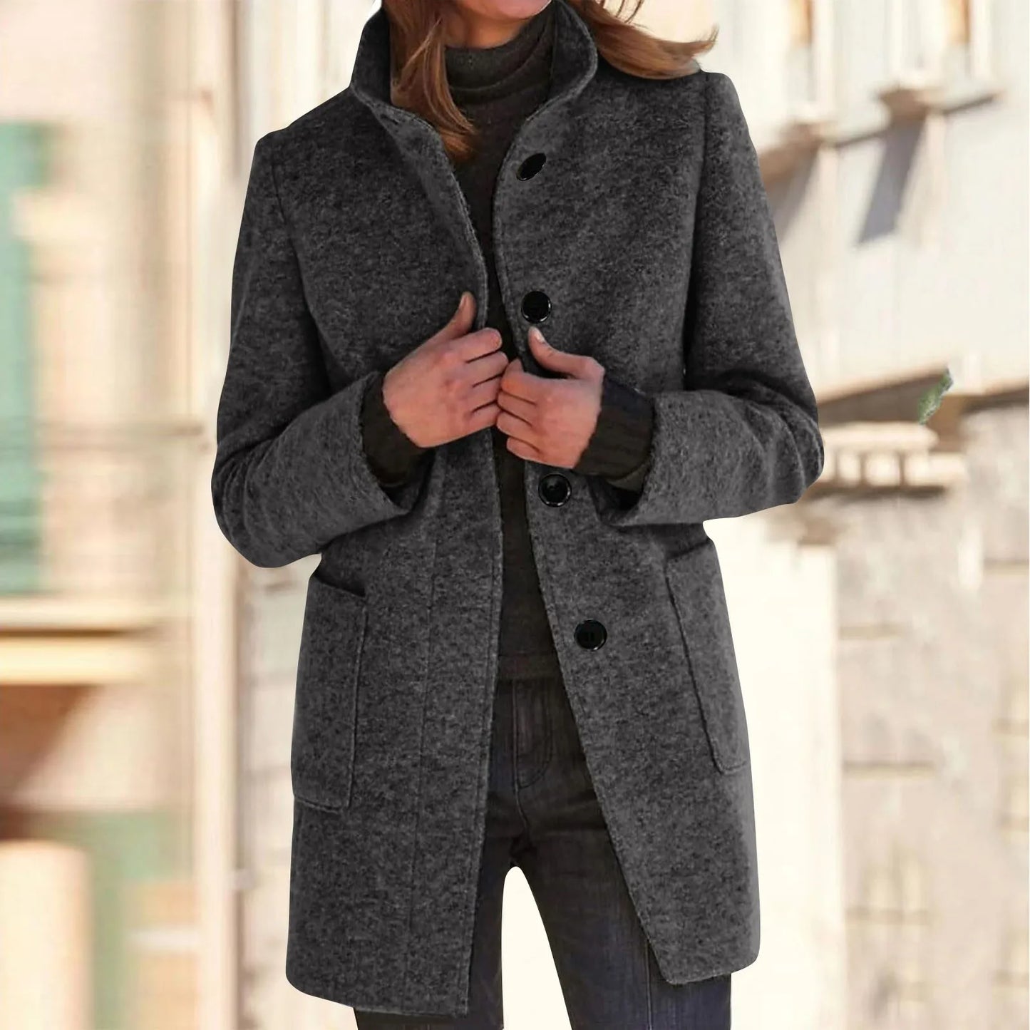 Women’s Elegant Wool Blend Winter Jacket  Warm Long Lapel Coat with Pockets