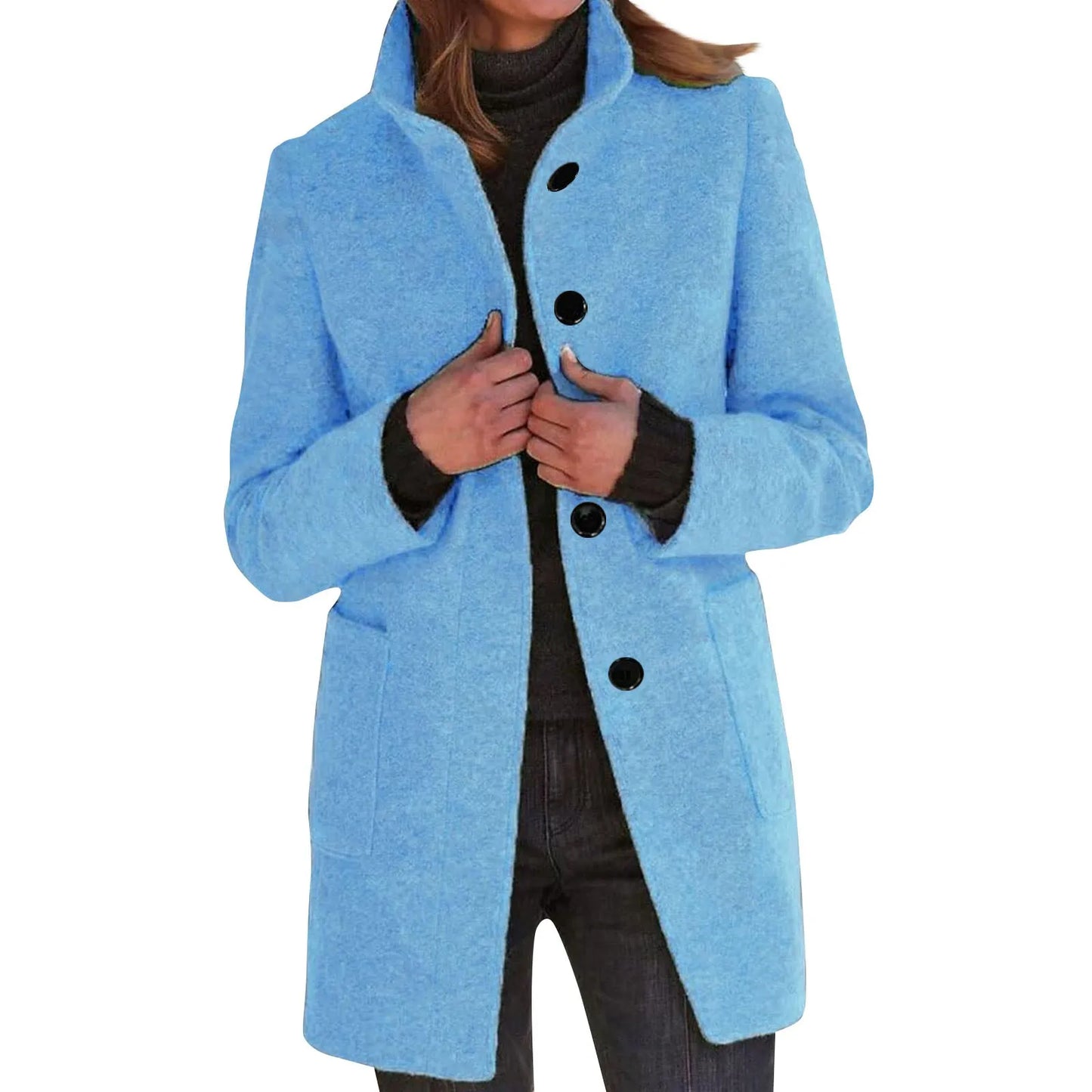 Women’s Elegant Wool Blend Winter Jacket  Warm Long Lapel Coat with Pockets